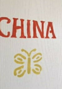 Image of a door with China and a burtterfly painted on it.