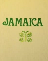 Image of a door with the word Jamaica and a butterfly painted on it.